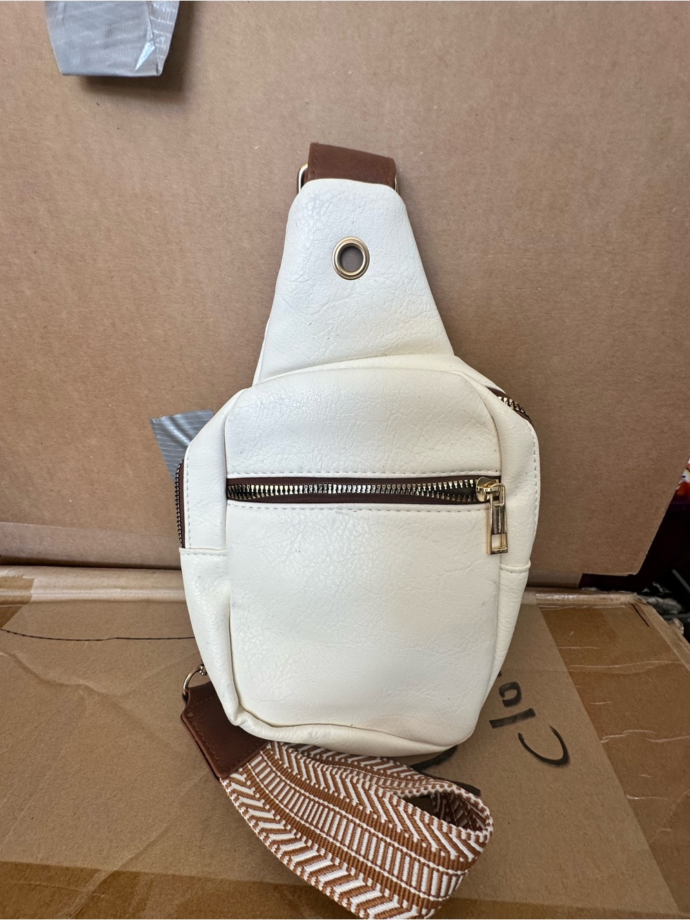 White Crossbody Sling Bag with Brown Strap